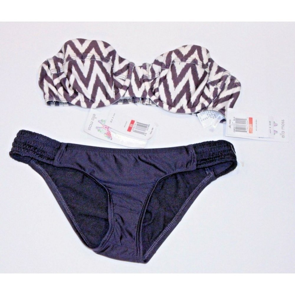 $113 ELLA MOSS Mazzy Swim BANDEAU Bikini Top &  Retro BOTTOM Black White ( XS )